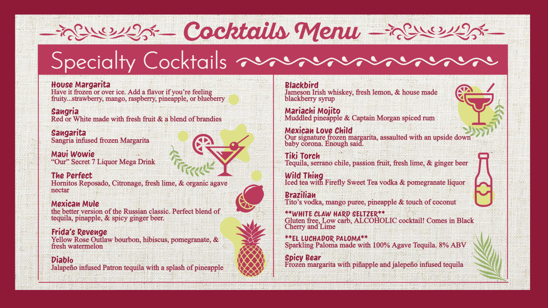 Cocktails menu