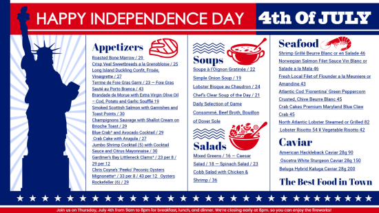 July 4th or Independence day menu design for digital menu board