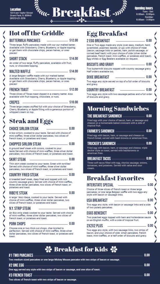 Breakfast menu