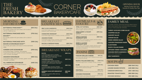 Bakery restaurant menu