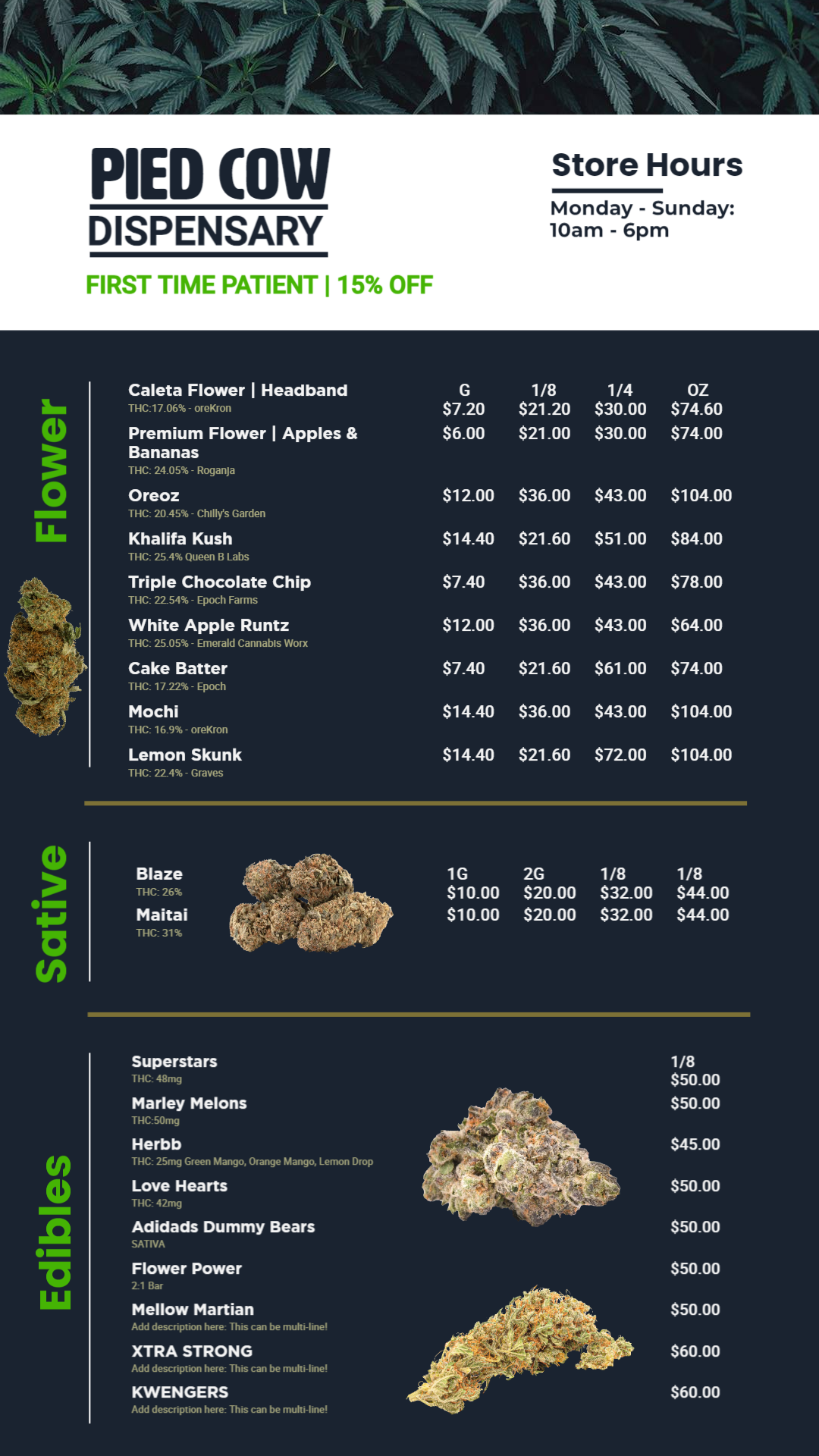 Marijuana signage menu