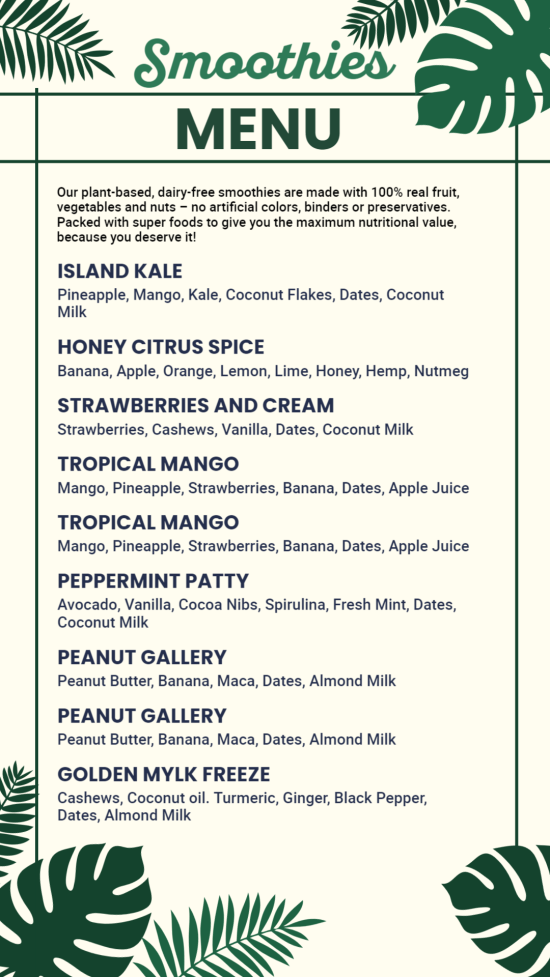 Smoothies Menu