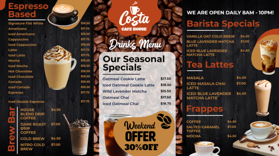 Digital menu design for Coffee Espresso