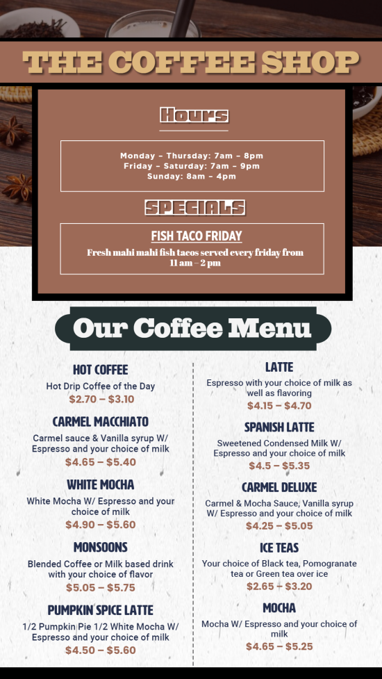 The Coffee Shop digital menu