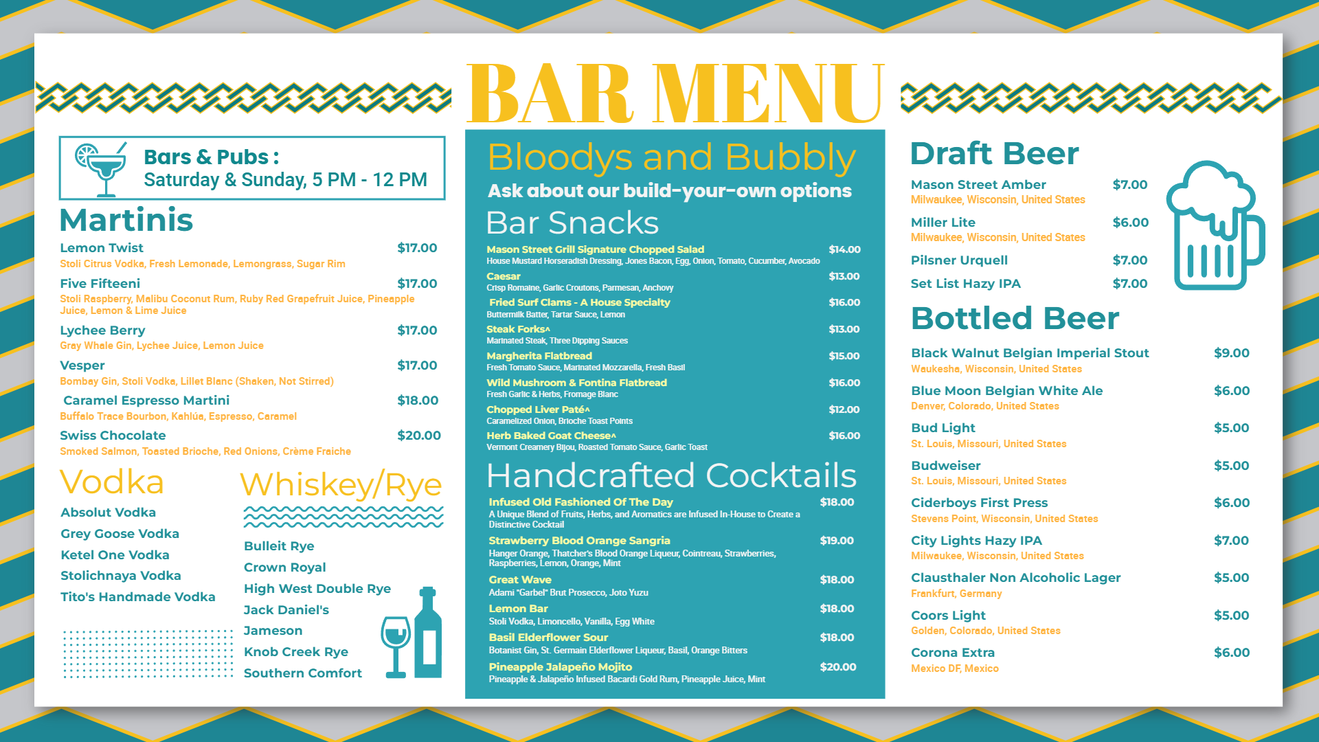 Editable Bar & Pubs digital signage Menu