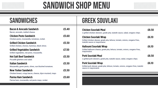 Sandwiches Digital menu template