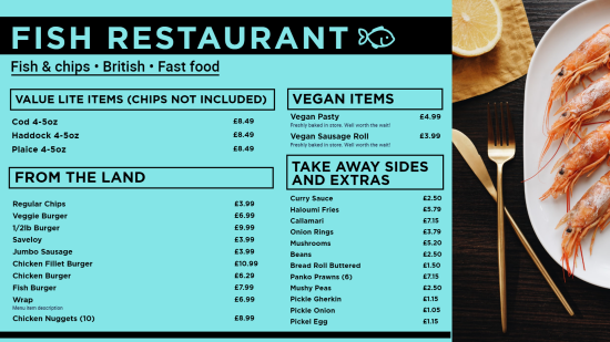 Editable Fish & Vegan Digital menu Items