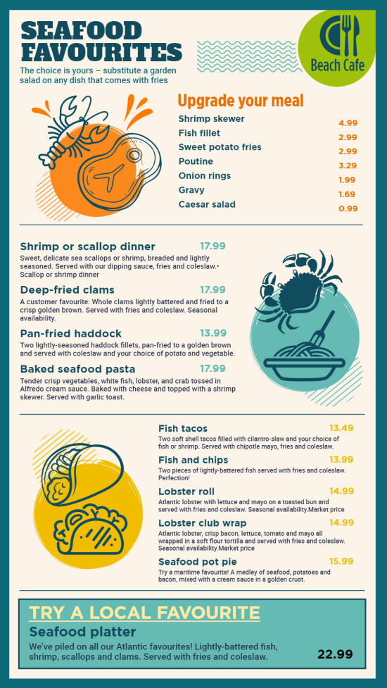 Awesome Seafood favorites Digital menu Design