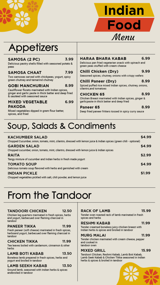 Simple Indian Food Digital Menu Design