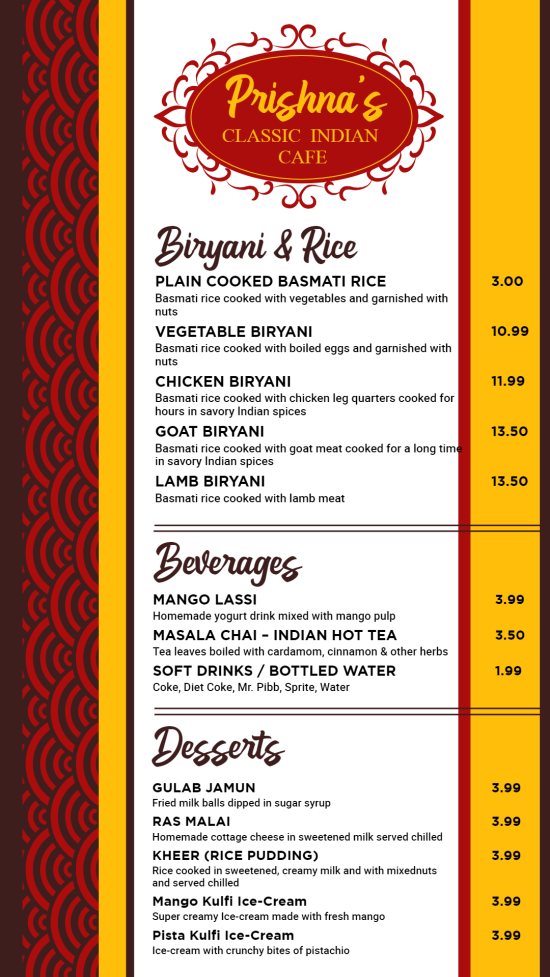 Simple Classic Indian cafe  digital menu Template