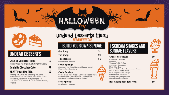 Happy Halloween signage Desserts menu Design