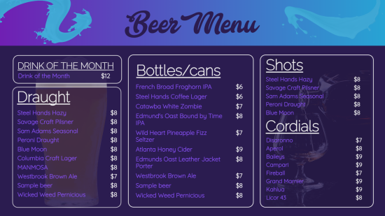 Digital bars & pubs menu